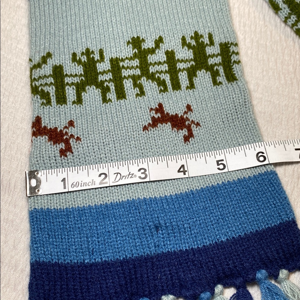 Vintage Collage Knit Scarf Blue Gray Train Cowboy Railroad Whimsical Twee - Picture 6 of 7